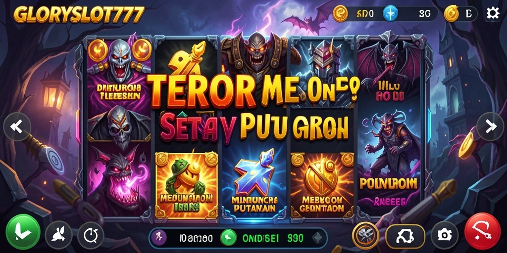 Screenshot gameplay <strong>GLORYSLOT777</strong> menampilkan putaran slot dengan efek horror yang menakutkan.