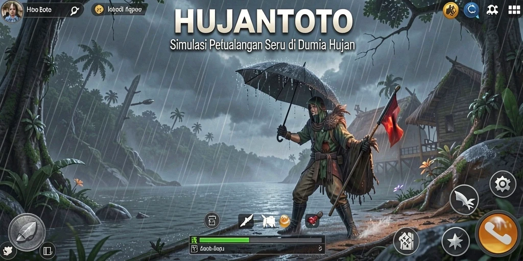 Screenshot utama menampilkan gameplay seru di bawah hujan deras.