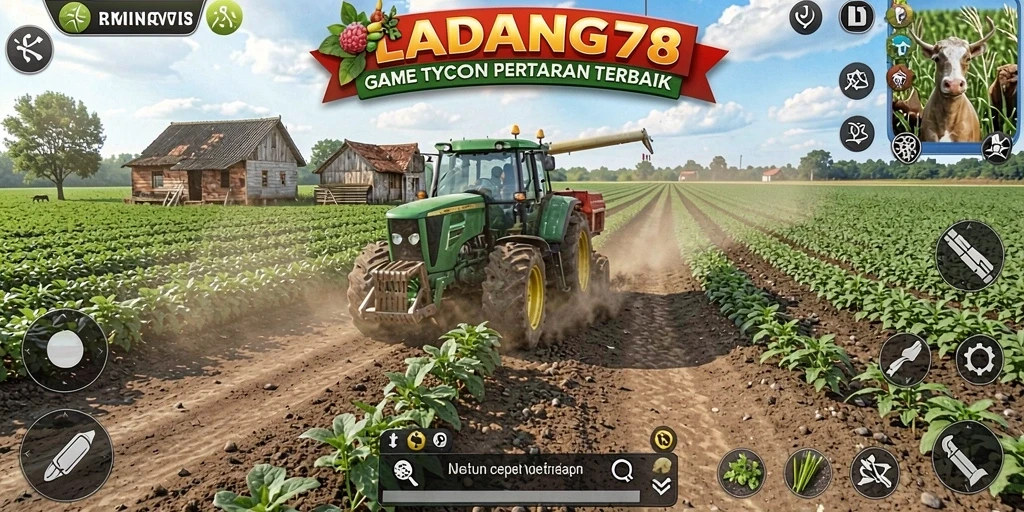 Tampilan serius gameplay Tycoon di LADANG78 dengan ladang yang dikelola rapi.