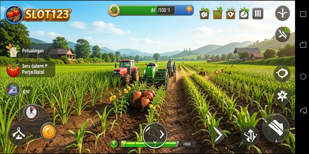 Tangkapan layar SLOT123 menampilkan aktivitas berkebun yang seru dan interaksi dengan hewan.